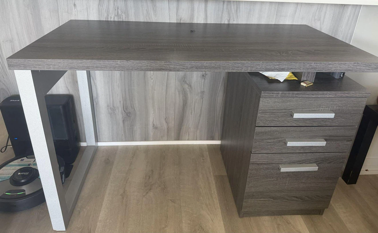 Dark Wood Grain Office Desk with Three Drawers
