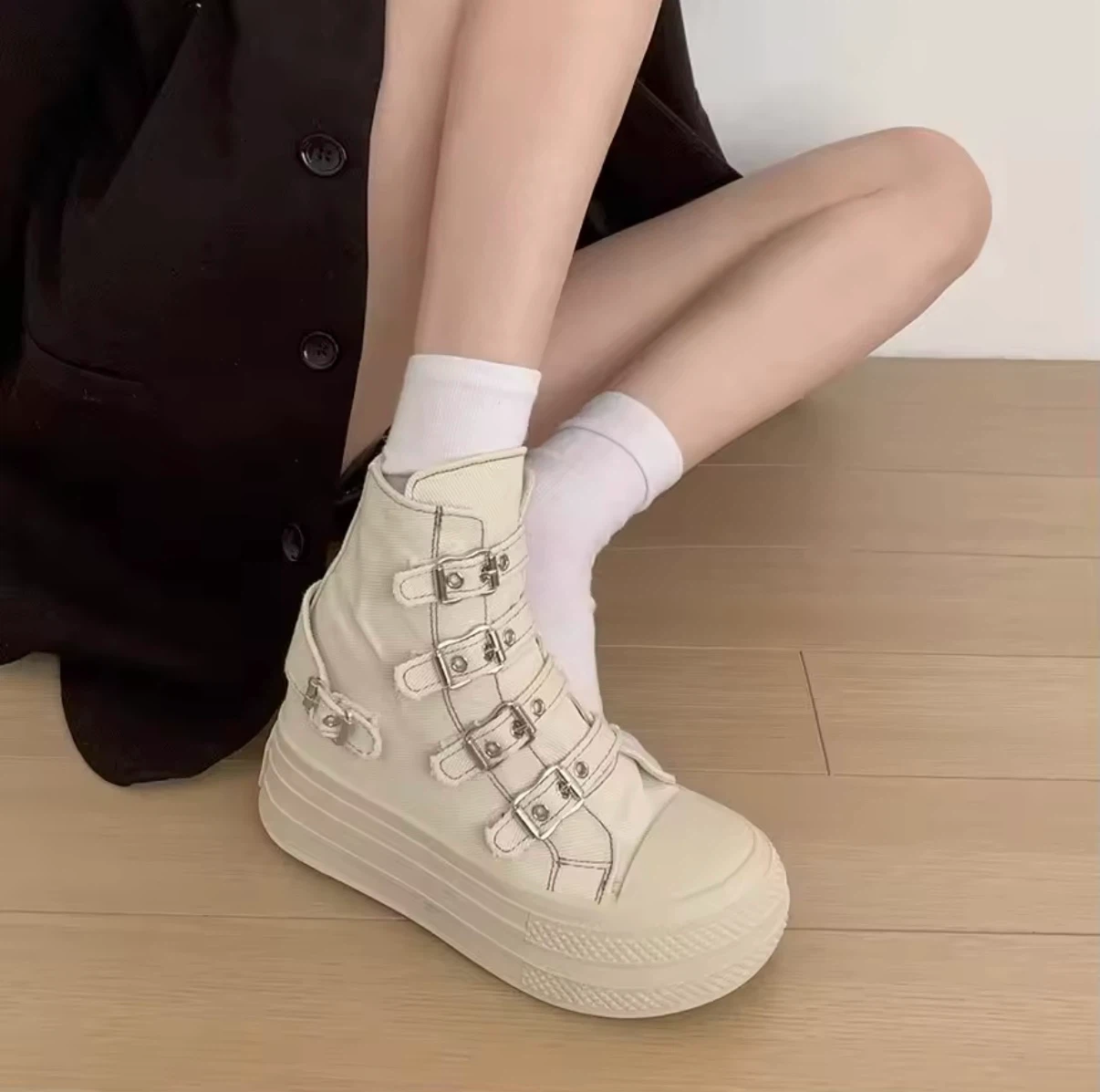 (Brand New) Cream Canvas Platform Buckle High Top Sneakers