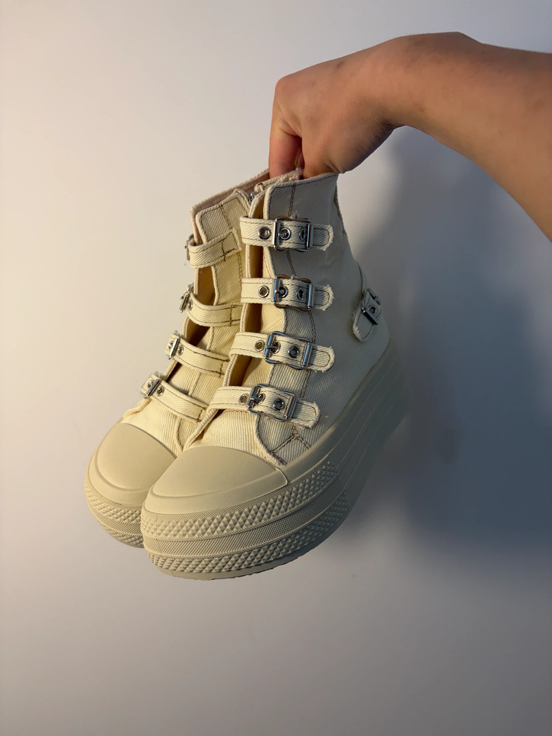 (Brand New) Cream Canvas Platform Buckle High Top Sneakers - photo 2
