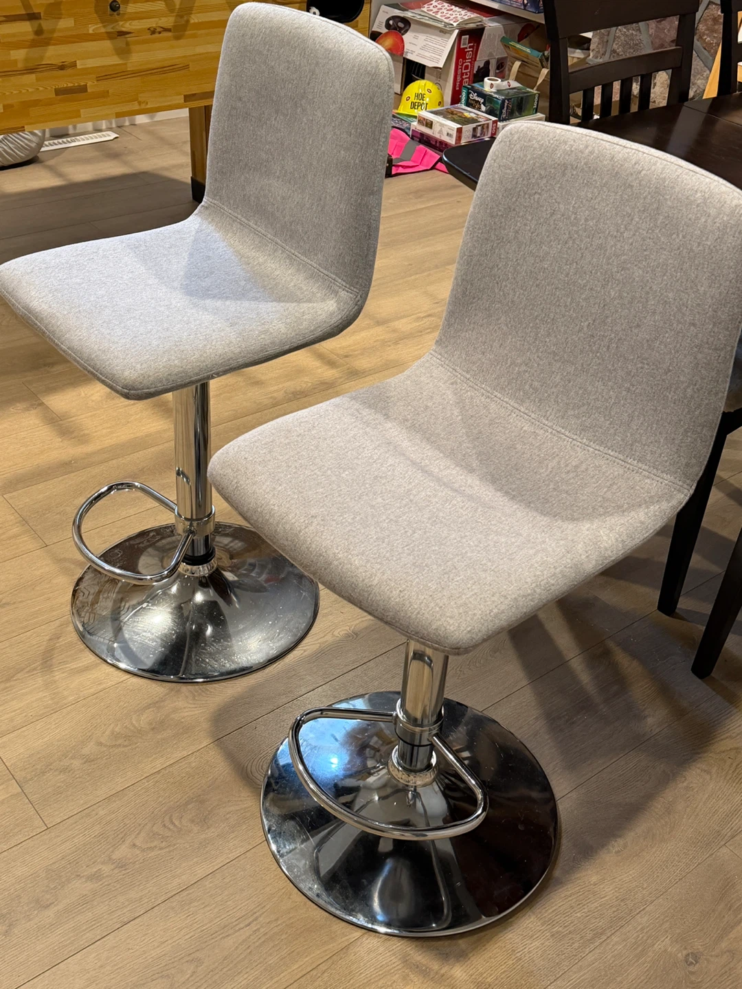 Set of Two Adjustable Grey Fabric Bar Stools