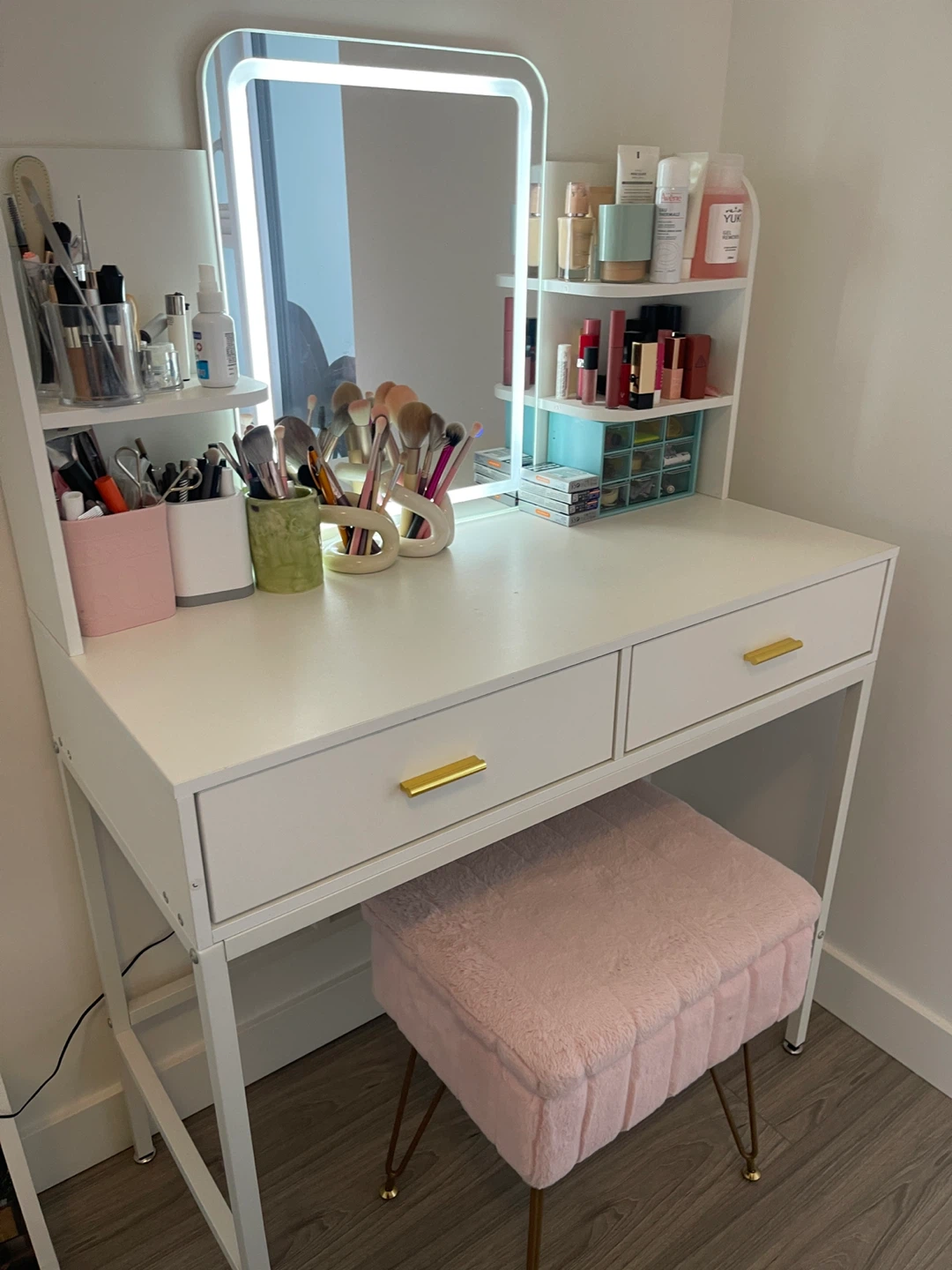 White vanity table with LED mirror
