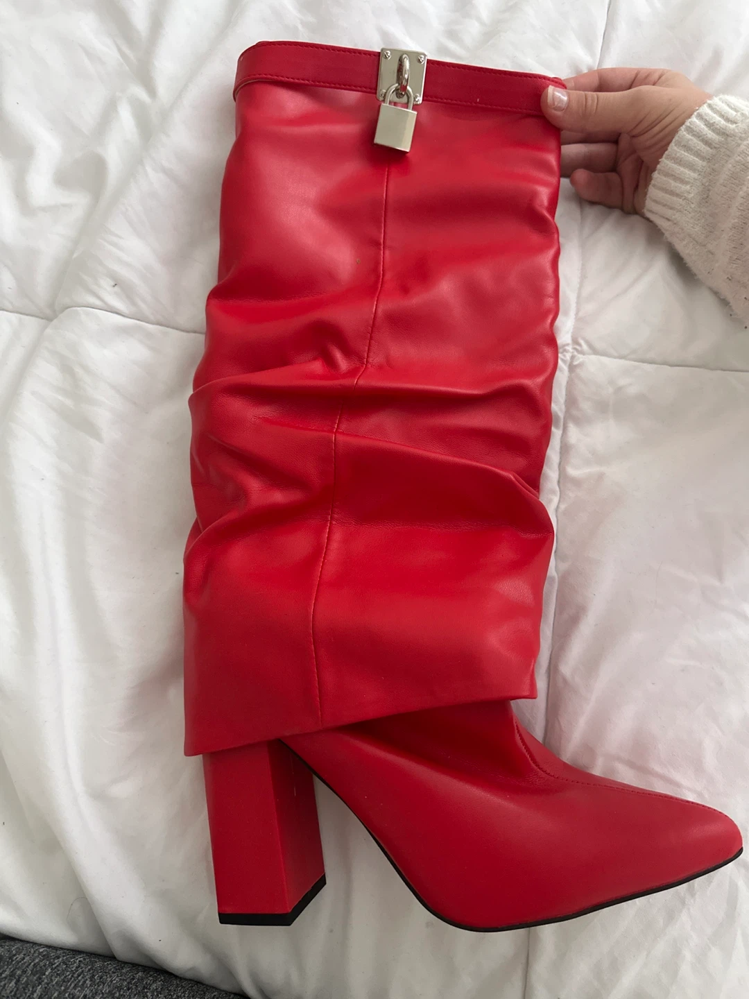 Red Knee-High Heeled Boots – Size 7