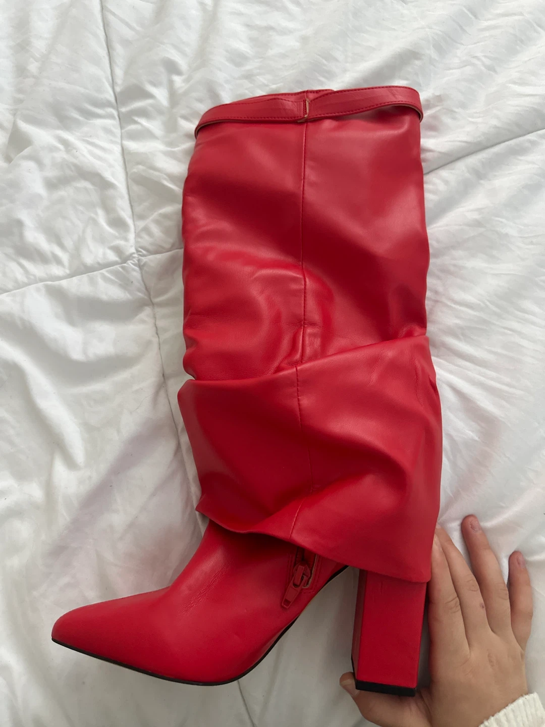 Red Knee-High Heeled Boots – Size 7 - photo 2