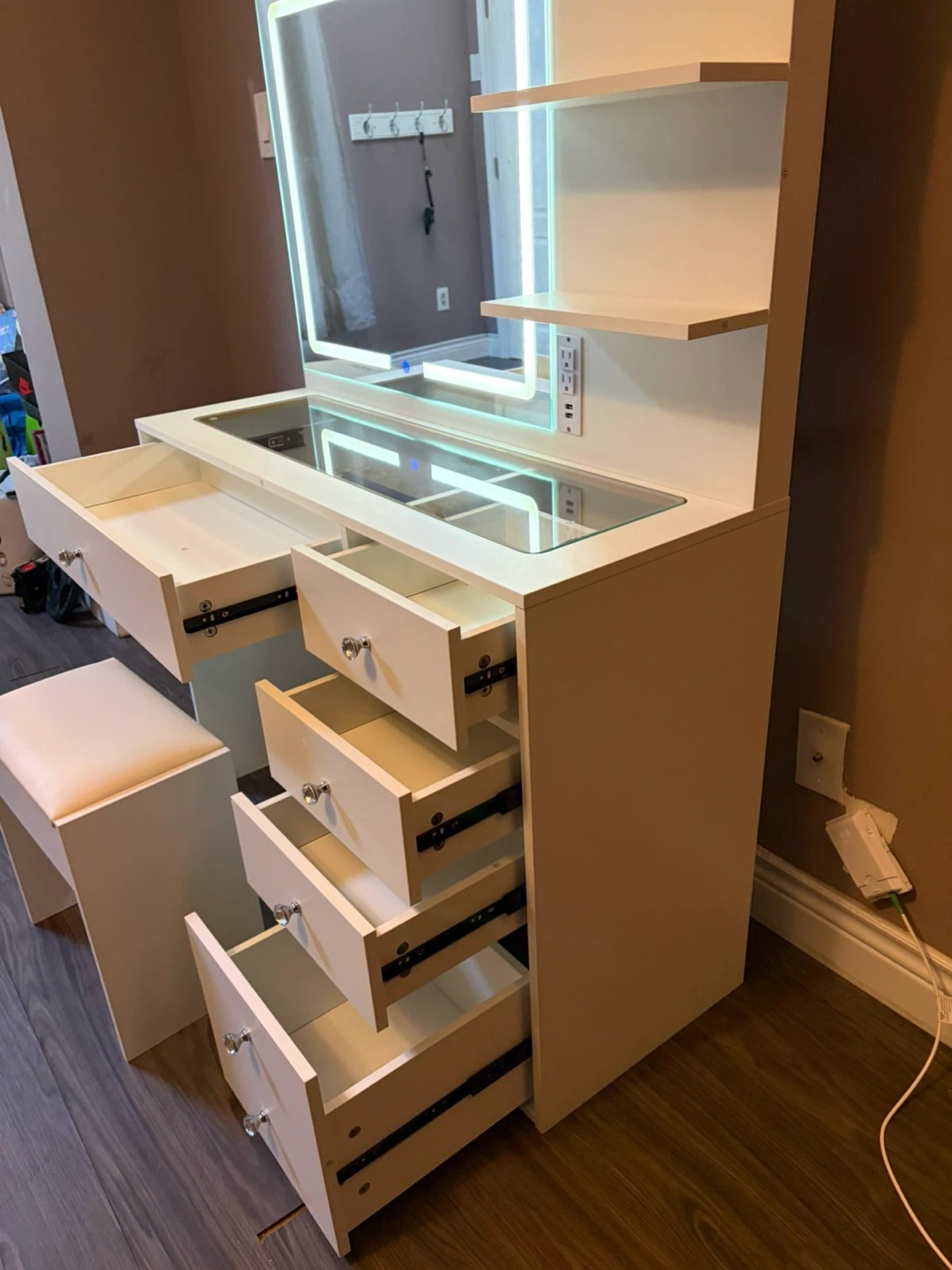 White Vanity Desk with Lighted Mirror and Stool