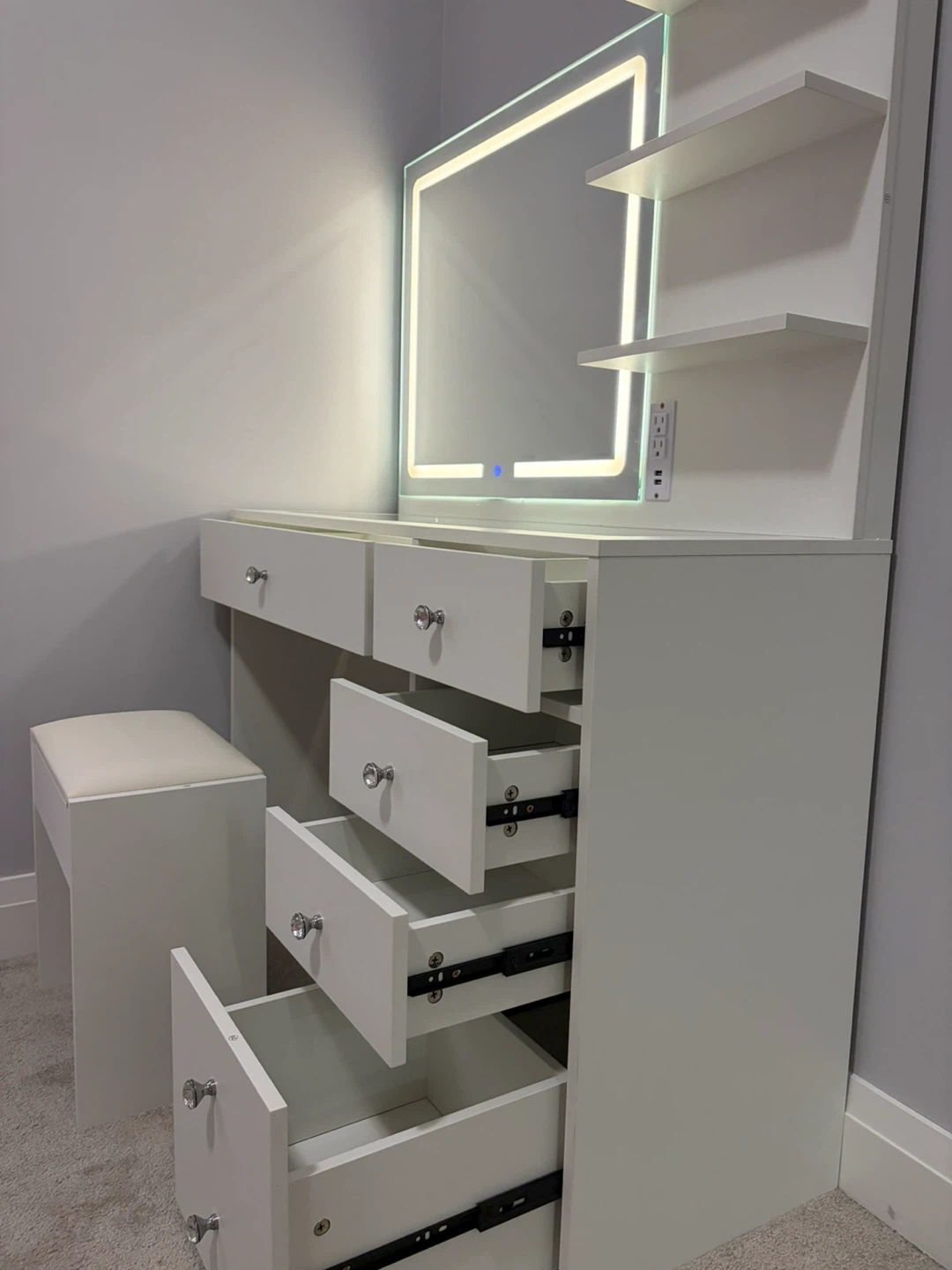 White Vanity Desk with Lighted Mirror and Stool - photo 2