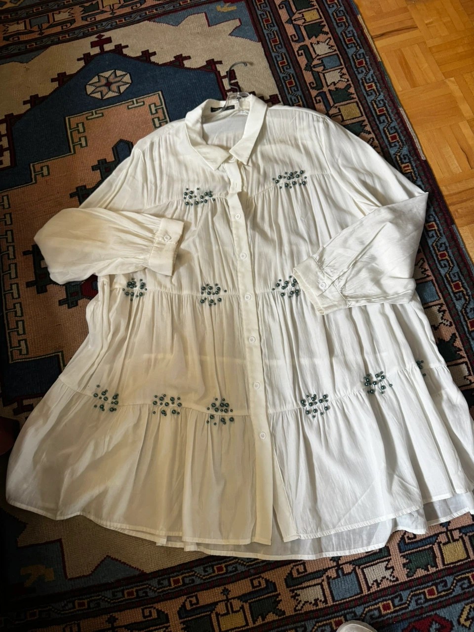 White Button-Up Shirt with Pearl Embellishments