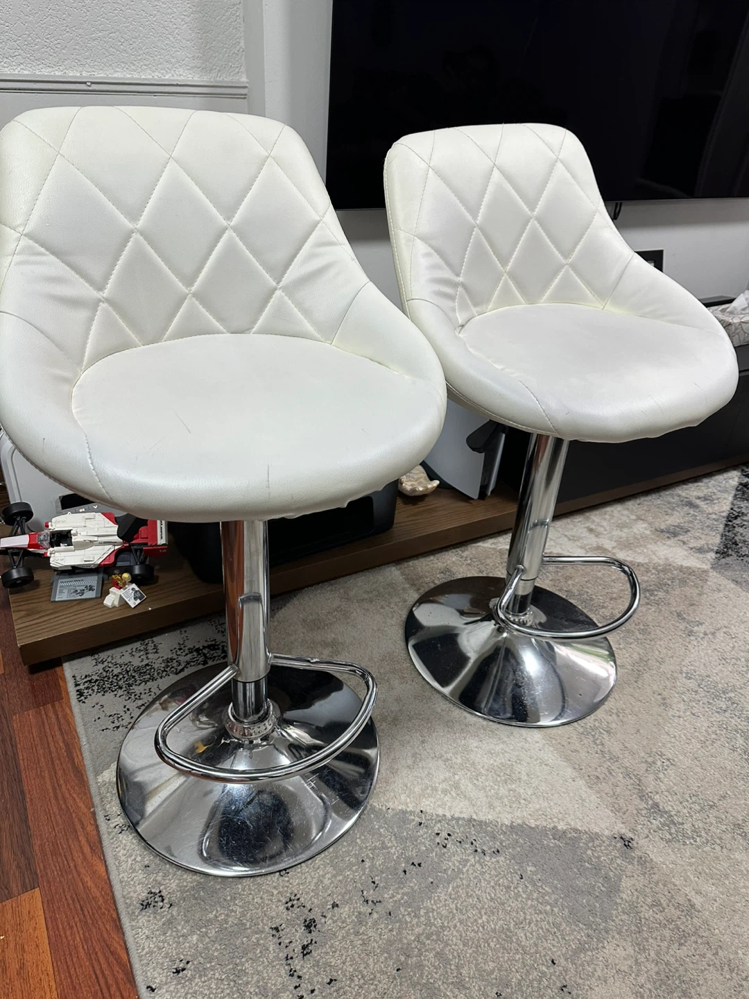 Set of Two White Tufted Bar Stools