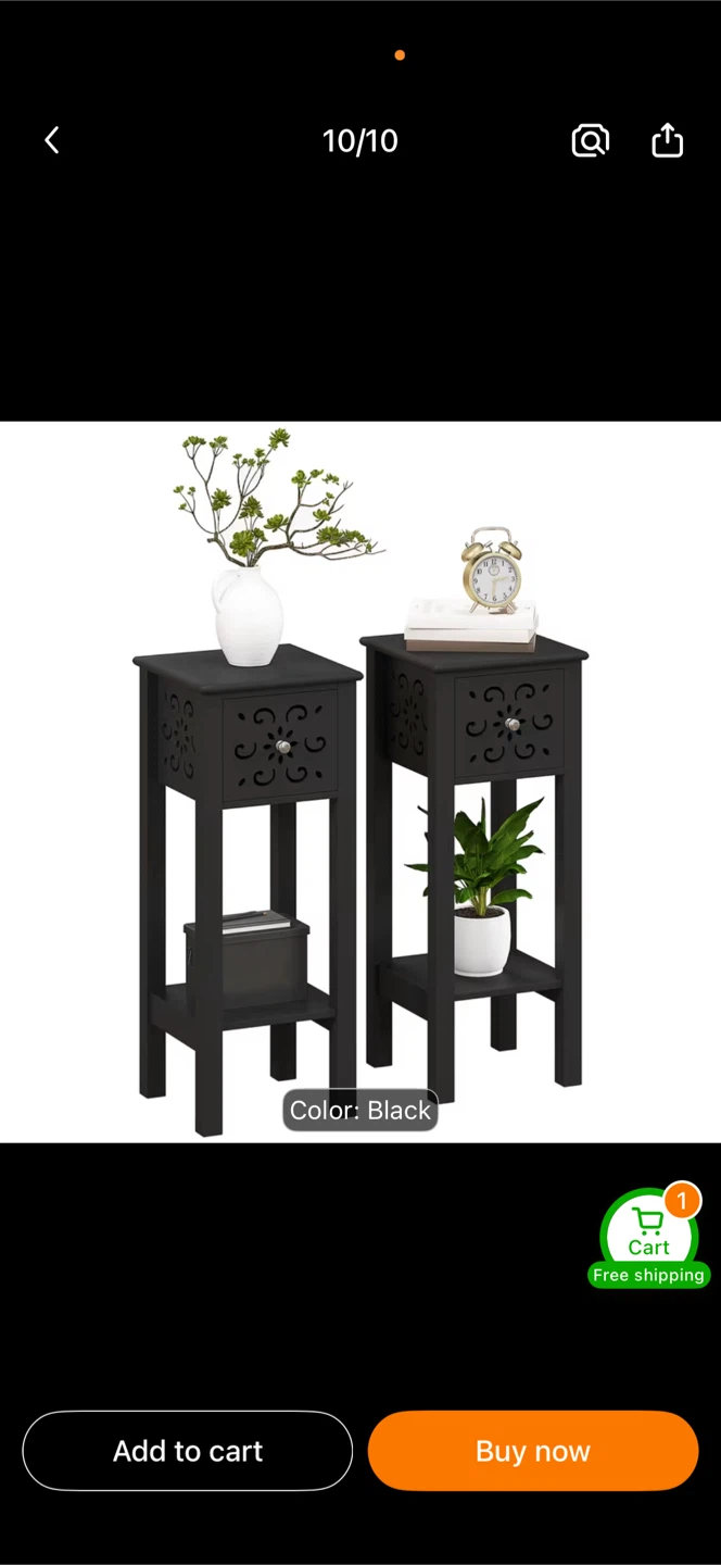 Two Black Slim Side Table with Drawer and Shelf