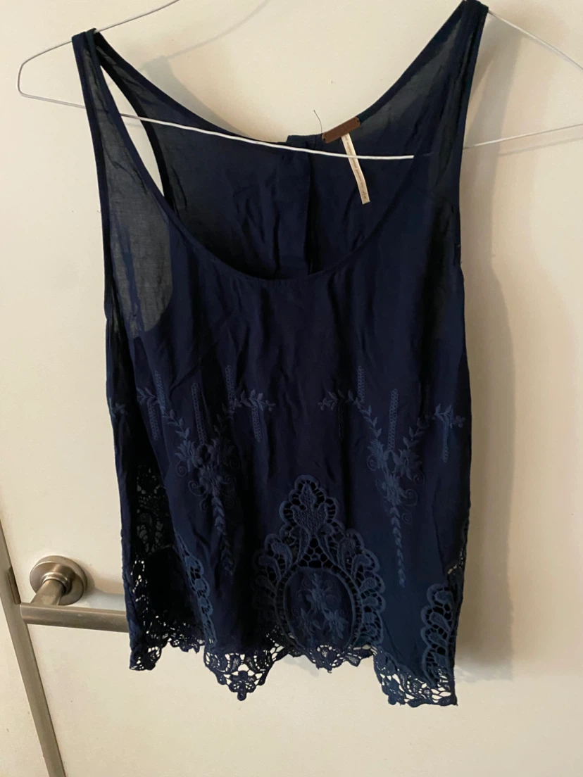 Free People Navy Sleeveless Embroidered Top