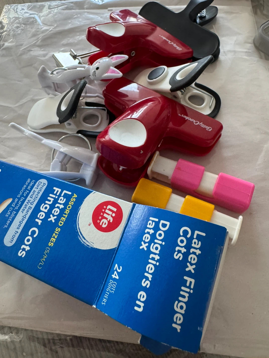 Kitchen bag clips and Life Brand finger cots