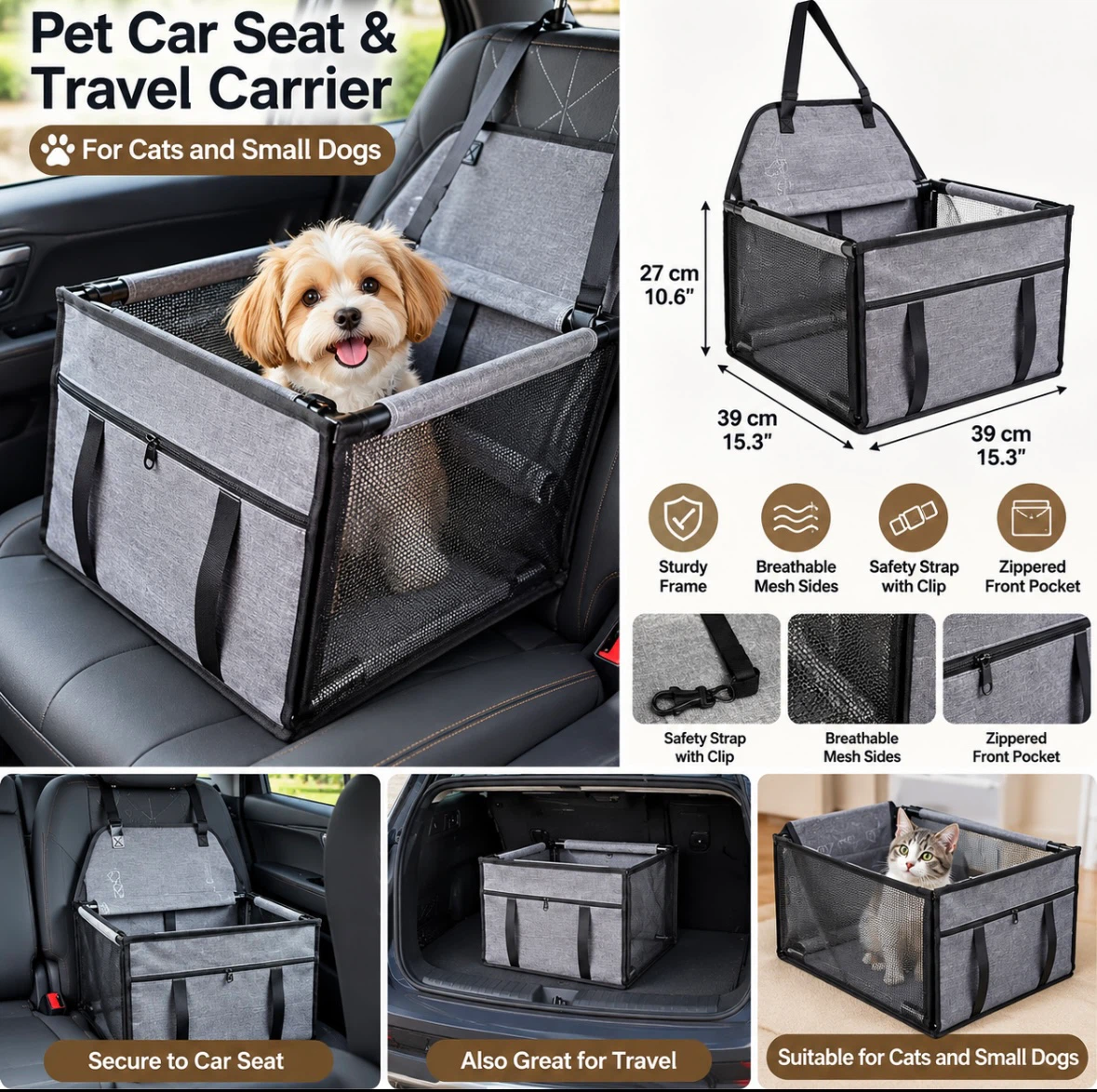 Pet Car Seat & Travel Carrier for Cats and Small Dogs – Grey