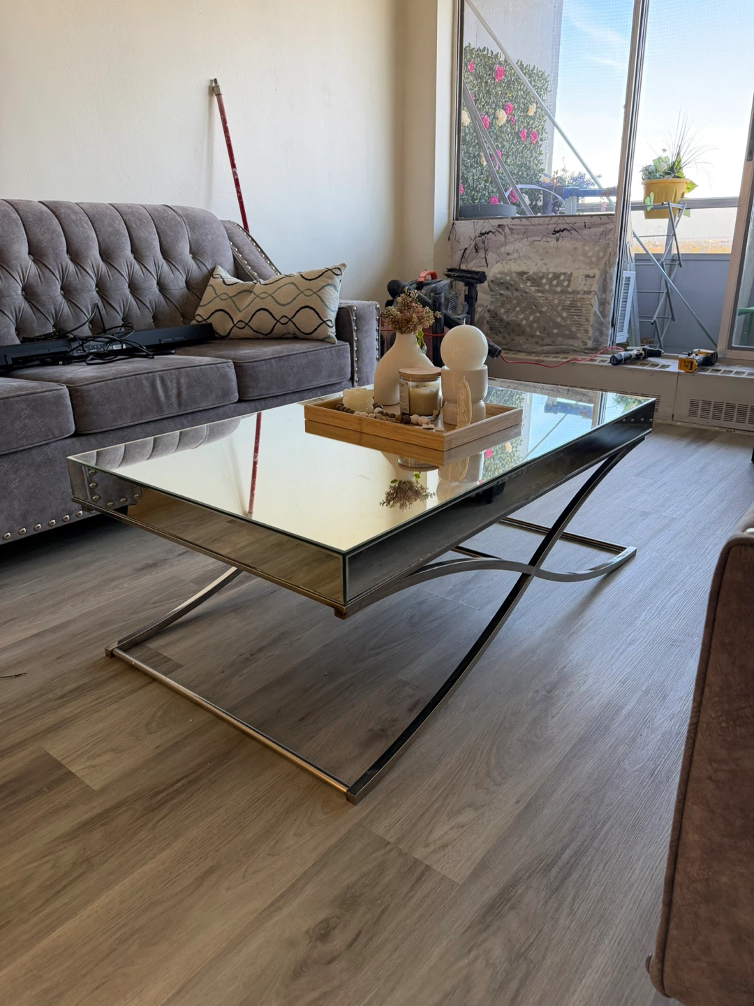 Mirrored Coffee Table with Chrome Base