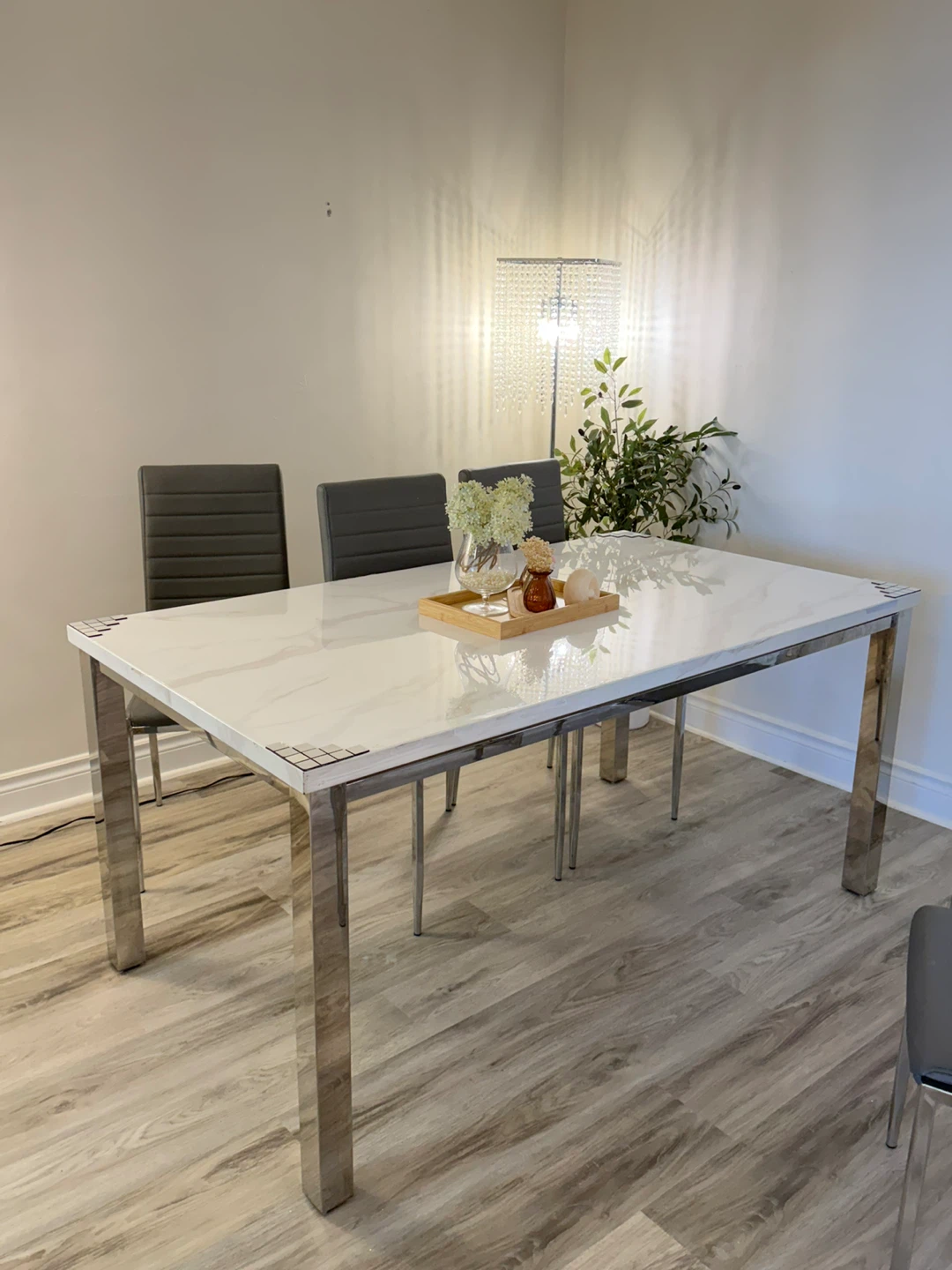 White Marble-Look Dining Table with Chrome Legs