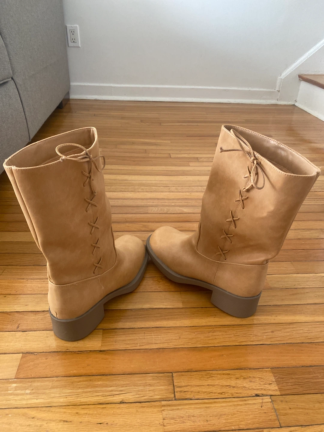 Tan Lace-Up Mid-Calf Boots Size 10 - photo 2