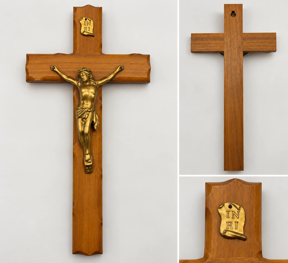 Vintage Wooden crucifix wall cross with gold-tone Jesus figure