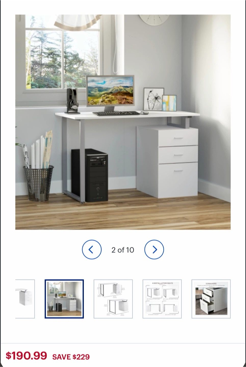 White reversible office desk with 3-drawer cabinet