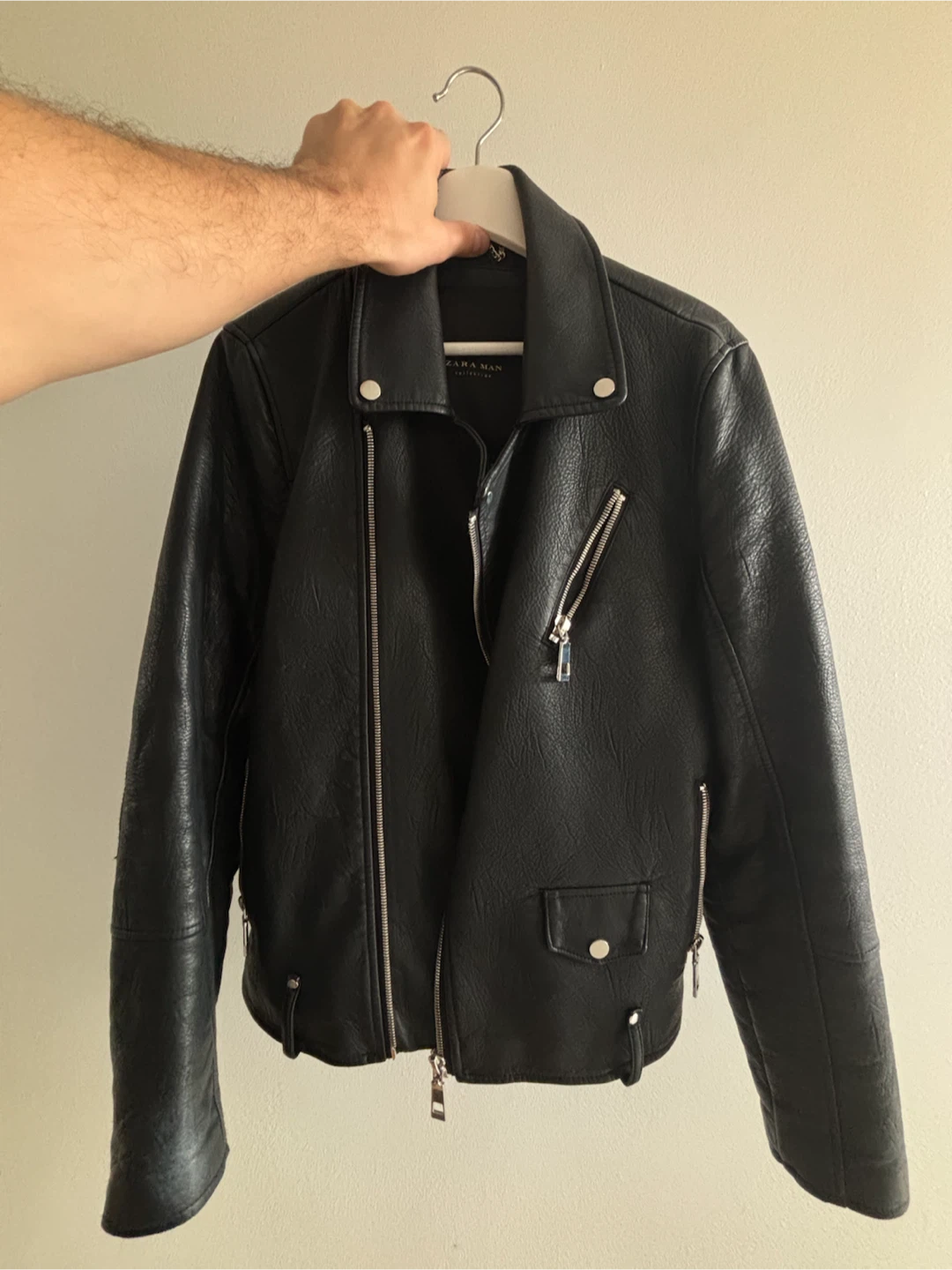 Zara Man Black Faux Leather Biker Jacket