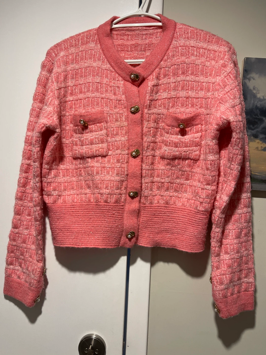 Pink Tweed Cardigan with Pearl Buttons