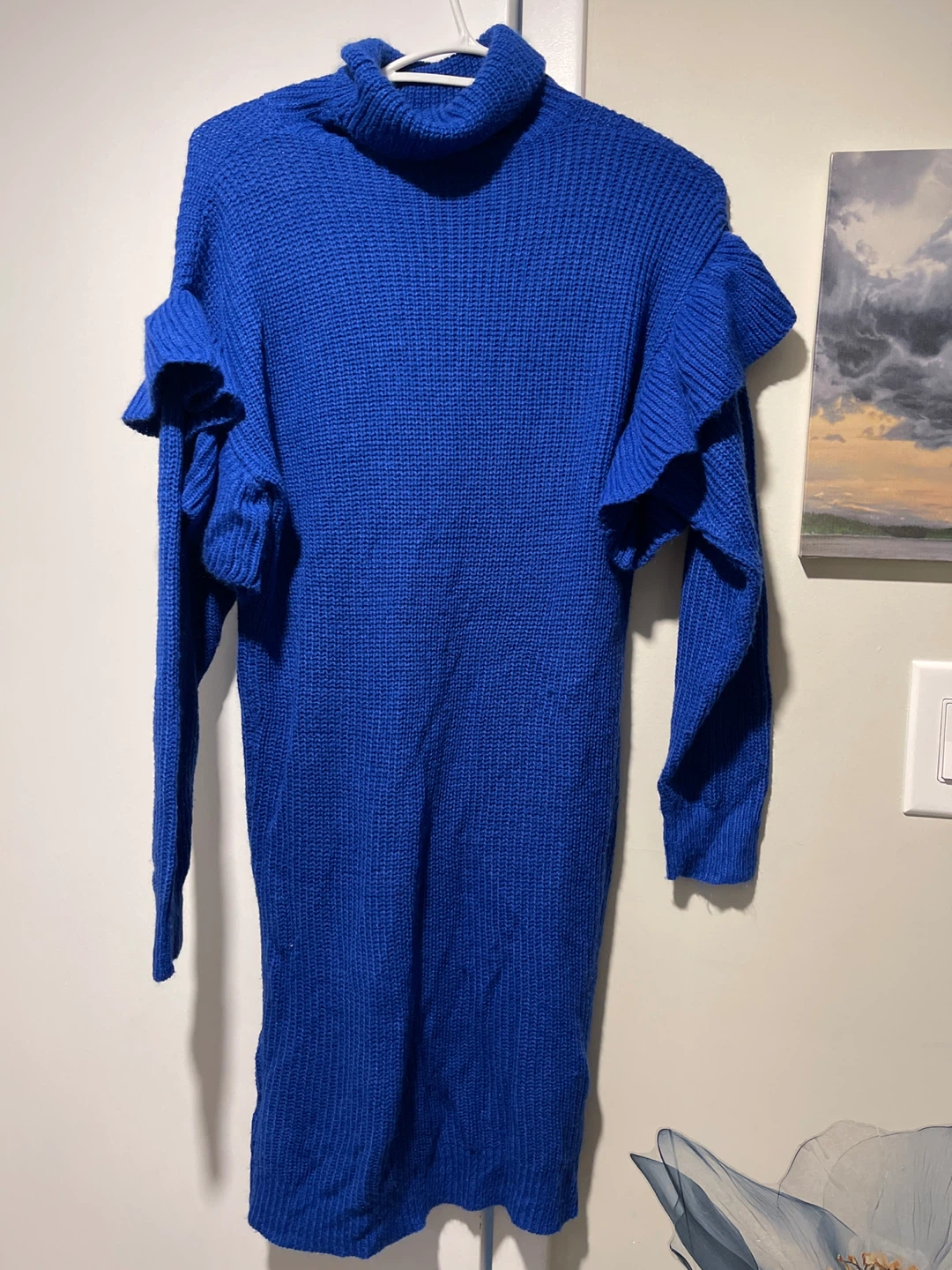 Blue Ruffled Turtleneck Sweater Dress