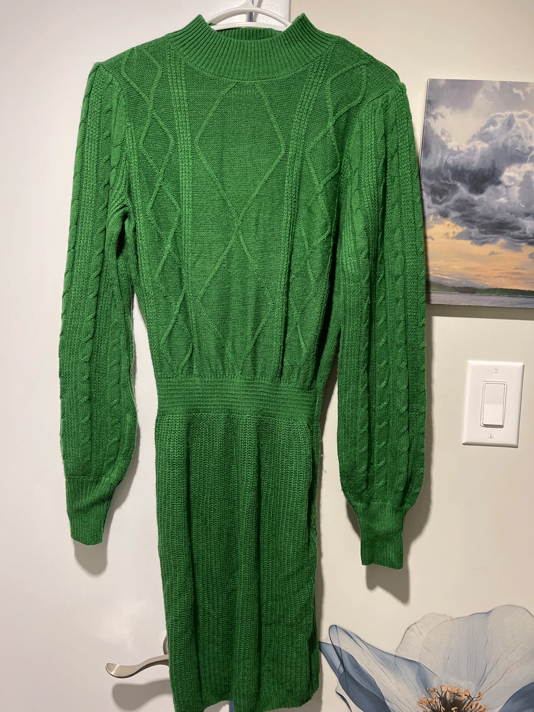 Green Mock Neck Cable Knit Sweater Dress