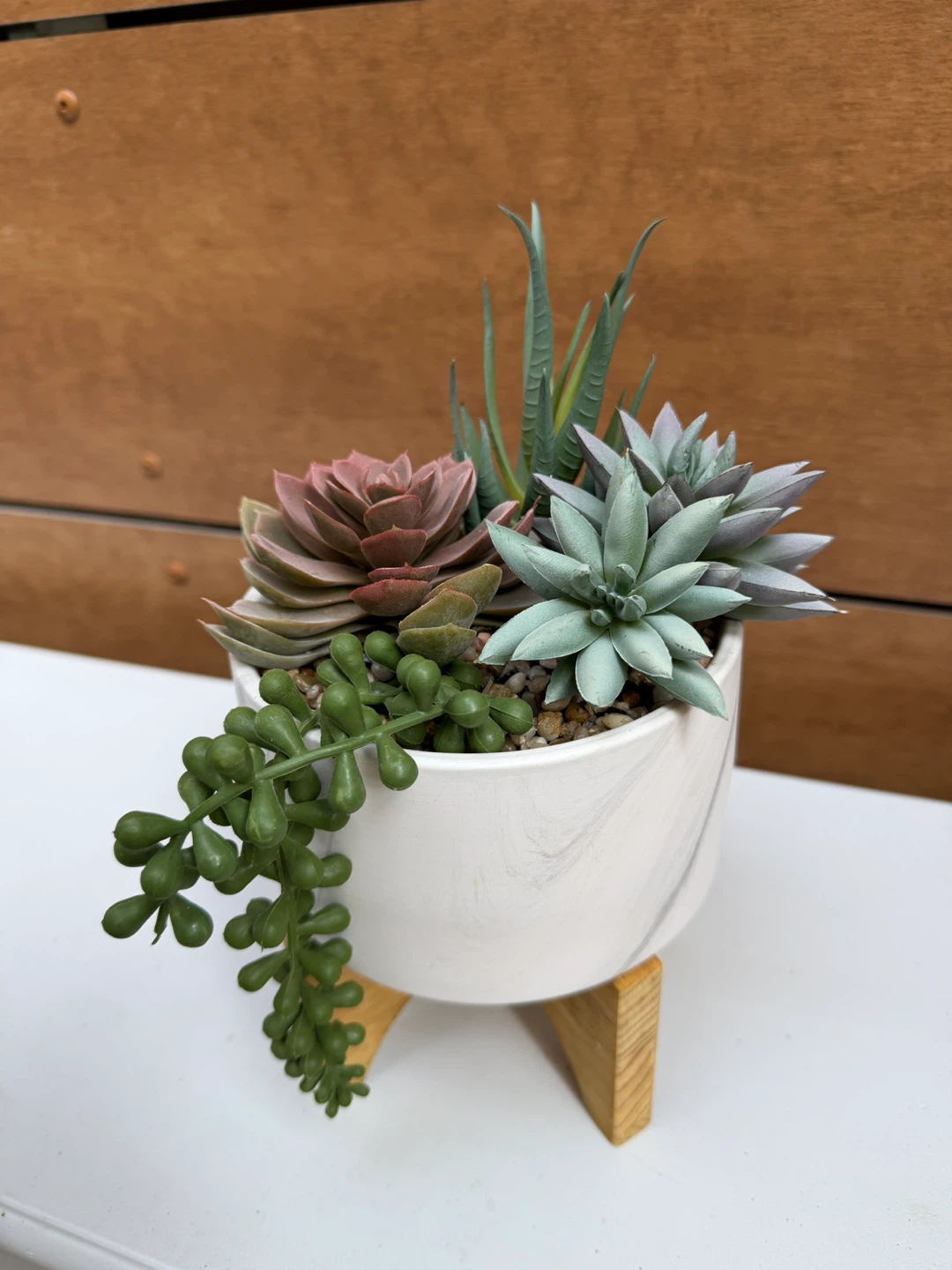 Artificial Succulent Arrangement with Marble-Effect Pot