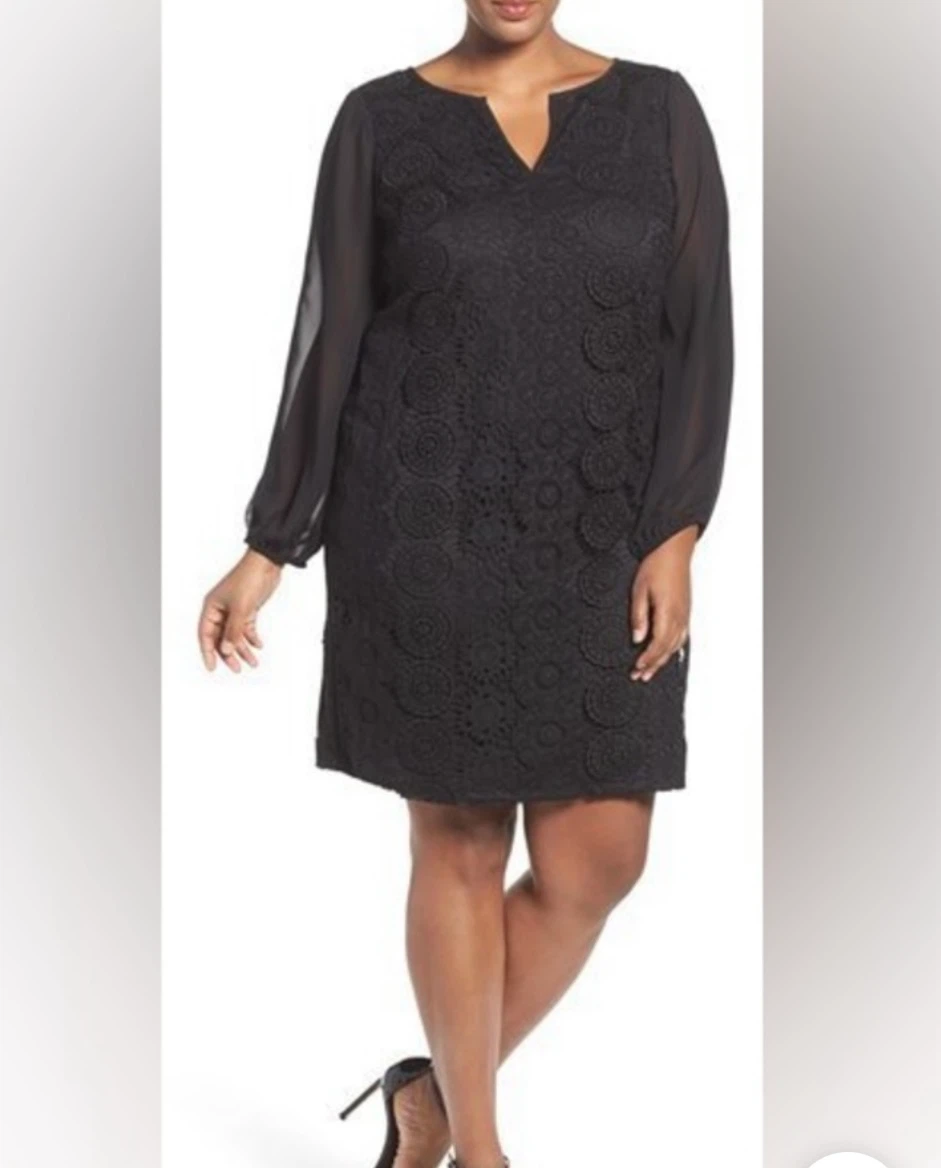 Adriana Papell Black Lace Dress with Split Sleeves