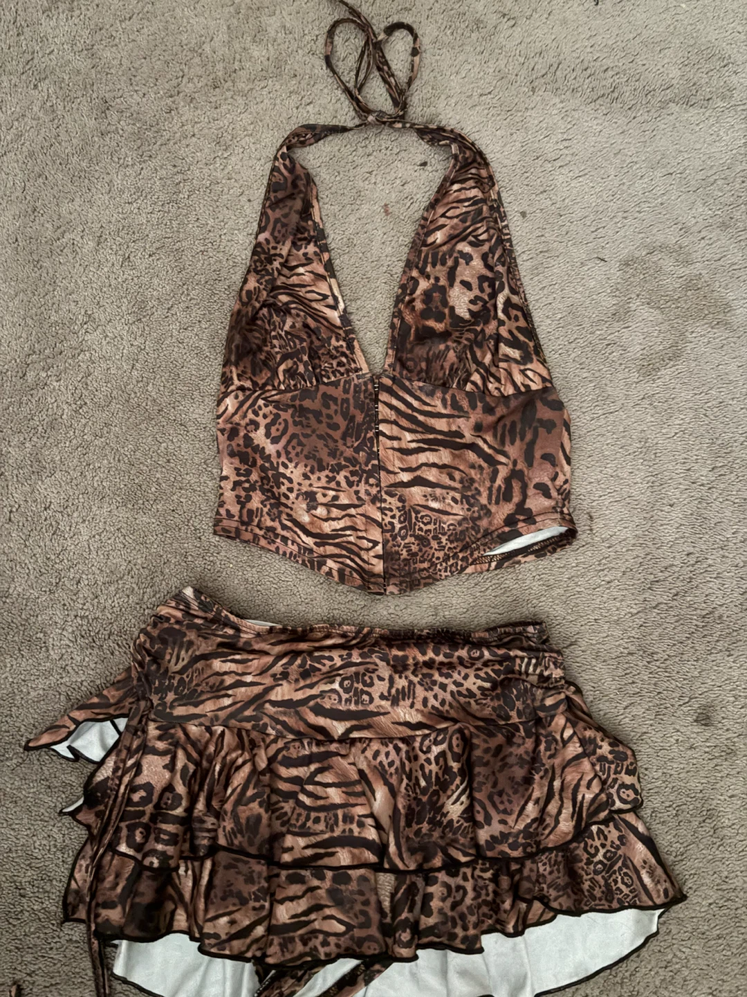 Cheetah Print Two-Piece Halter Top and Skirt Set