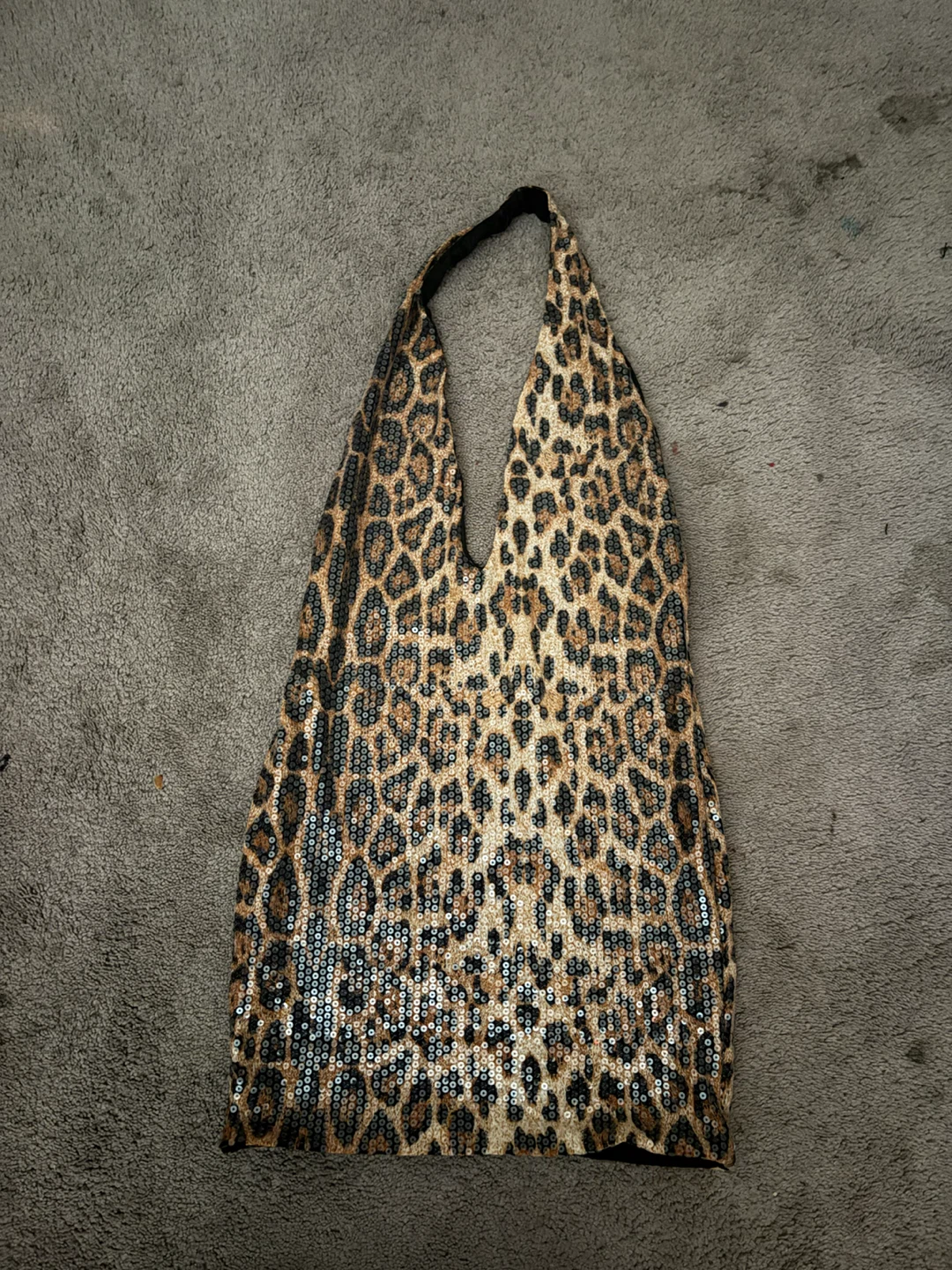 Leopard Print Sequin Halter Mini Dress
