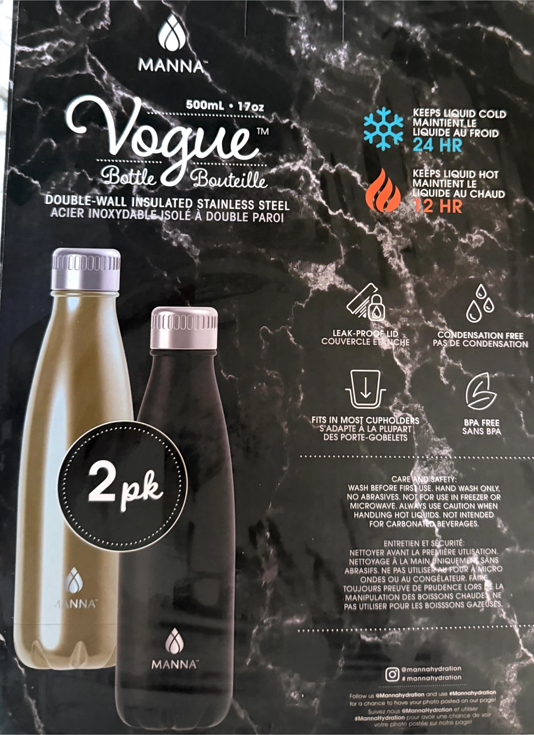 Manna Vogue 500ml Insulated Water Bottle 2-Pack