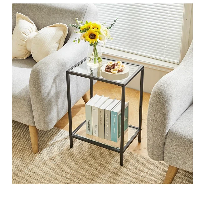 YMYNY 2-Tier Tempered Glass Side Table - Black