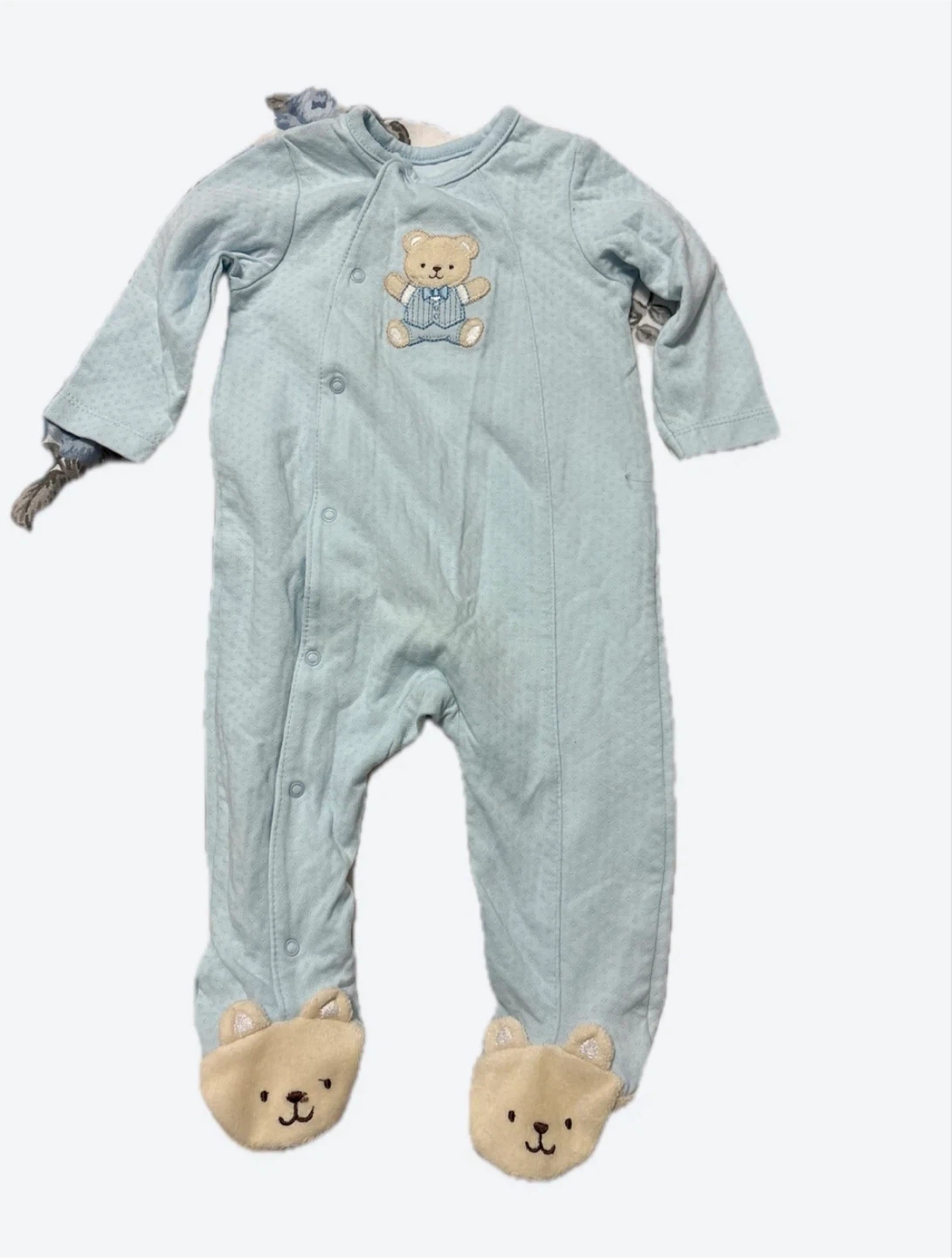 Baby blue sleeper with teddy bear detail