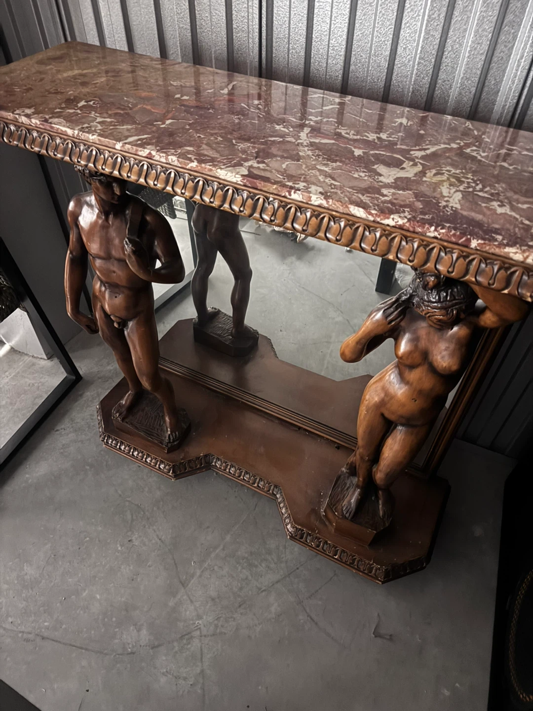 Vintage Marble Top Console Table with Sculpted Figures