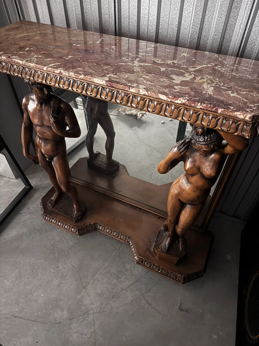 Vintage Marble Top Console Table with Sculpted Figures - photo 2