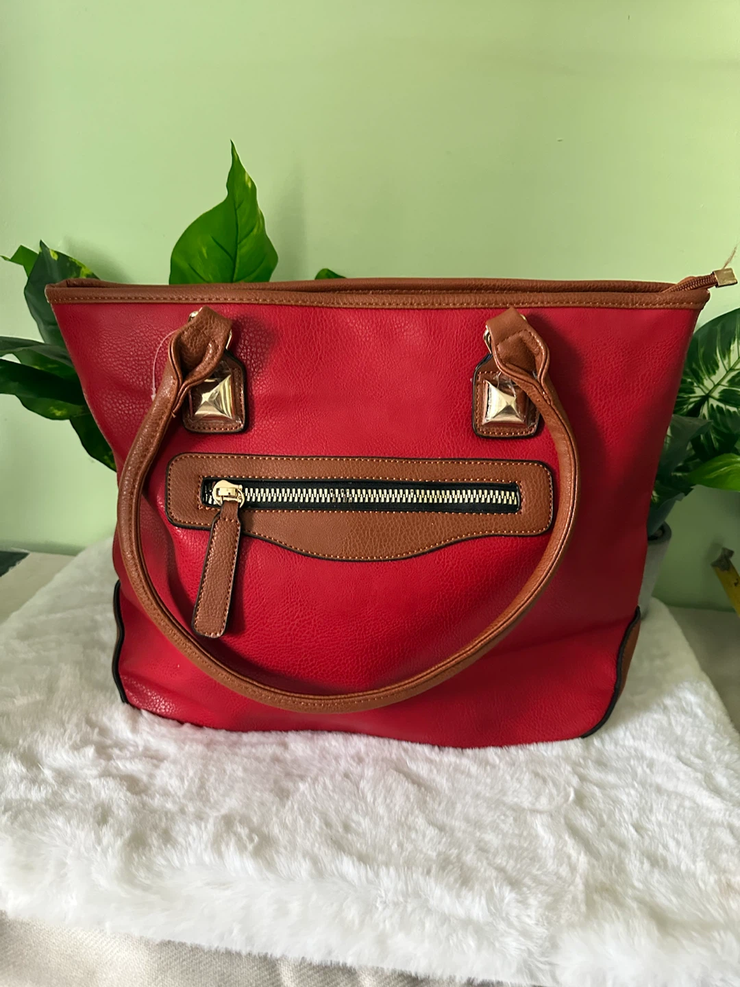 Red Faux Leather Tote Bag