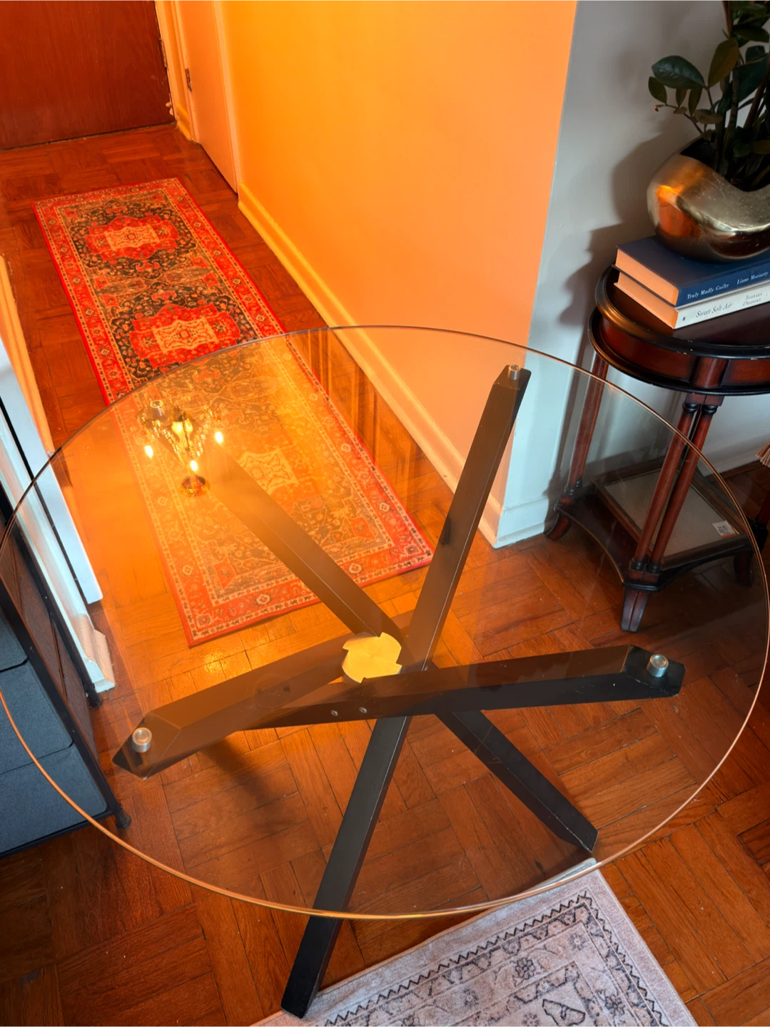 Round Glass Dining Table with dark brown wooden Base - photo 2