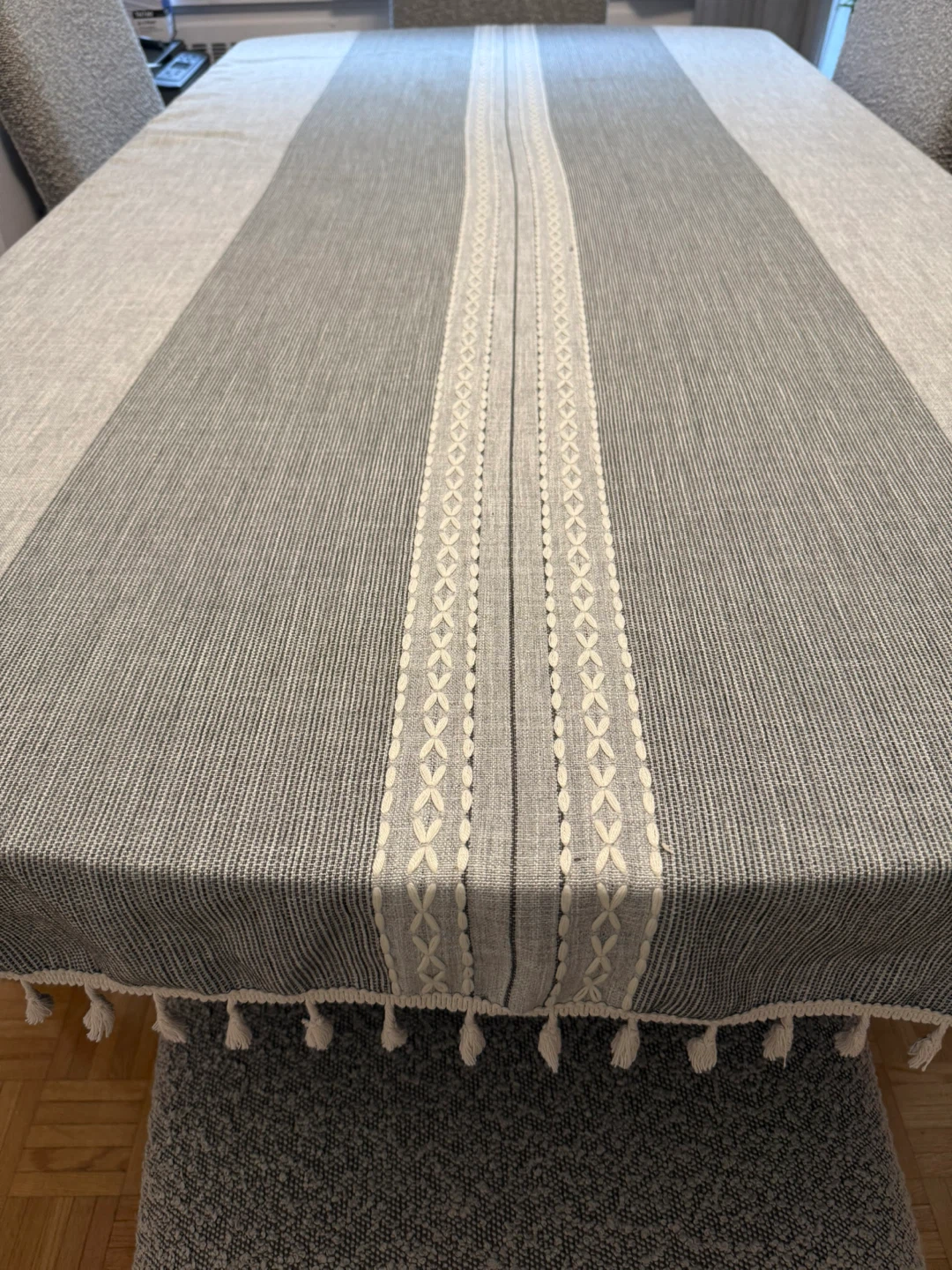 Grey and White Embroidered Table Runner