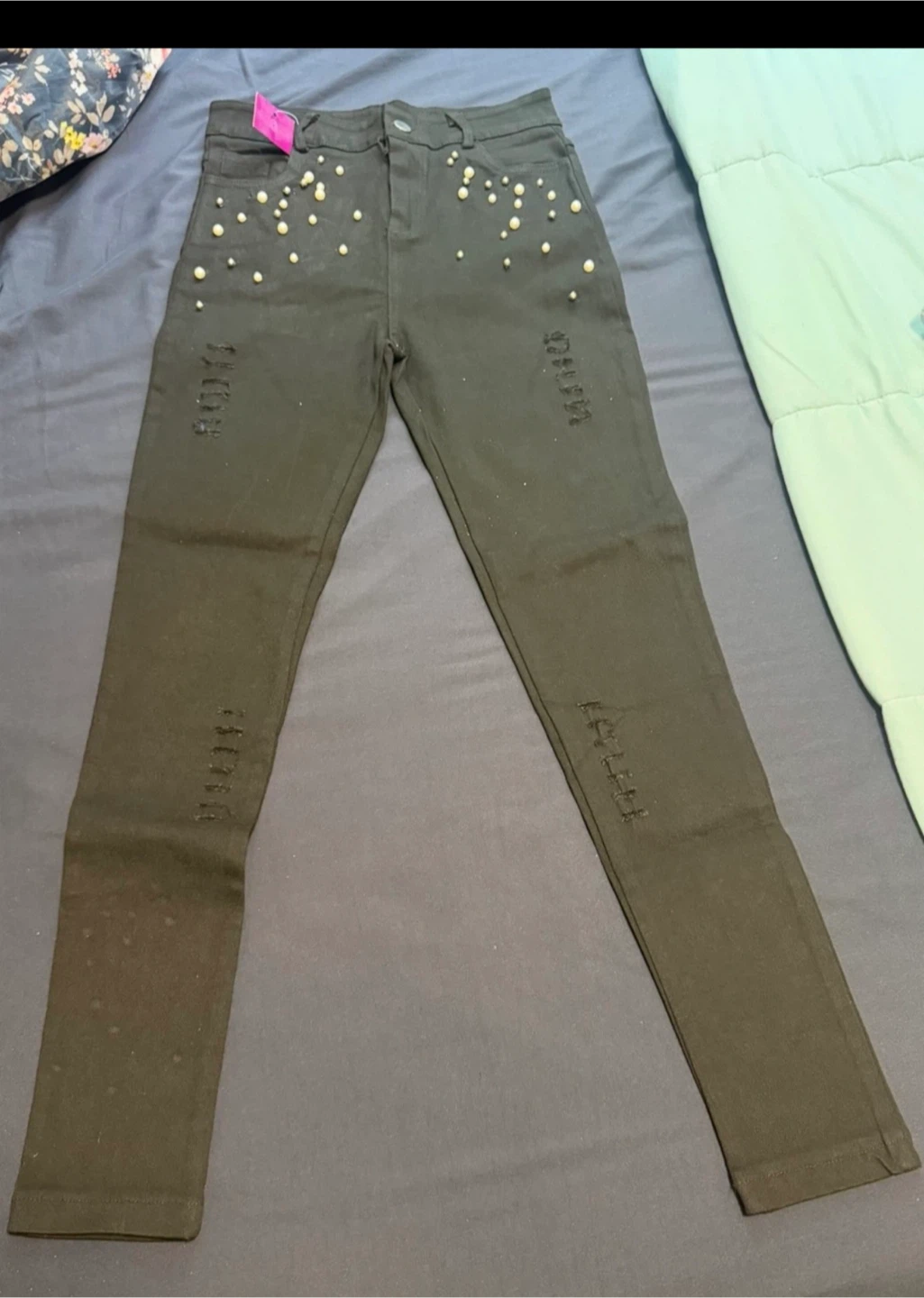 Black Distressed Jeans with Pearl Detail