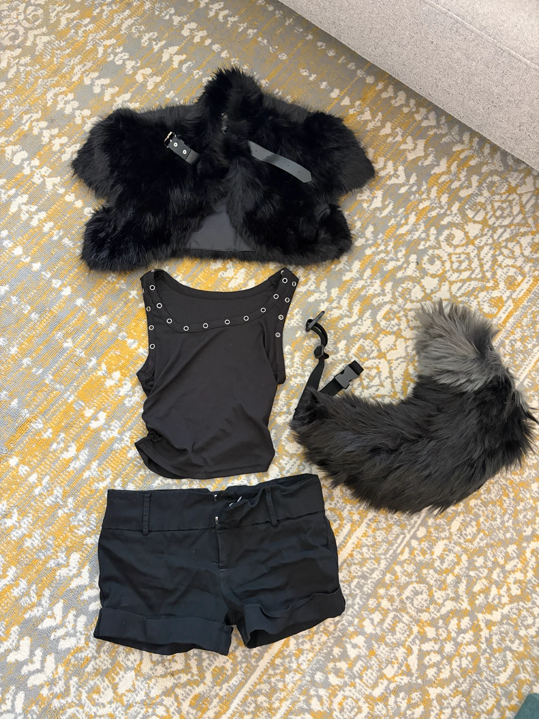 Black Fur Accessory Set with Tank and Shorts