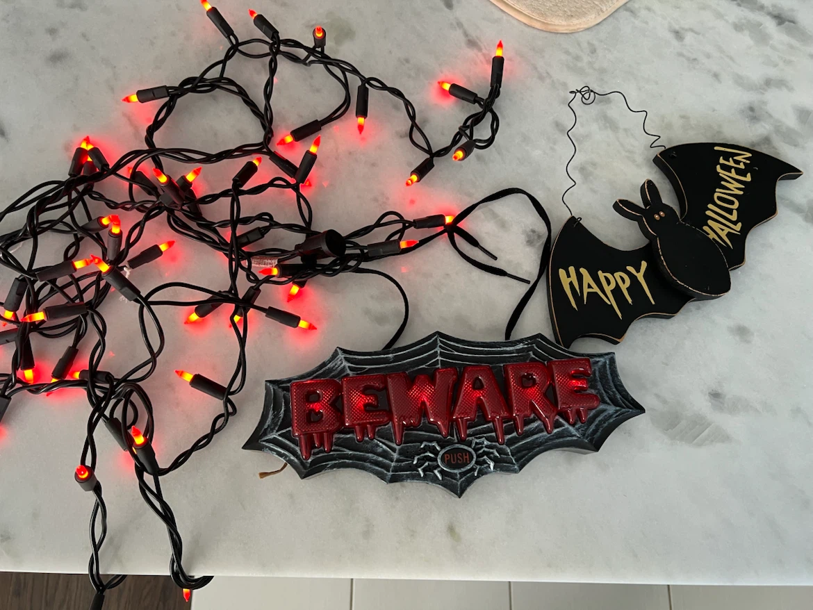 Halloween Decor Bundle: Beware Sign, Bat Sign, and Red Lights