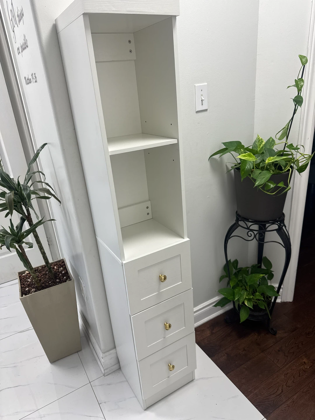 White Narrow Storage Shelf with Drawers