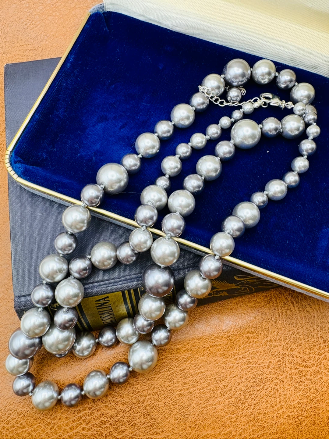 Vintage Long Grey Faux Glass Pearl Necklace