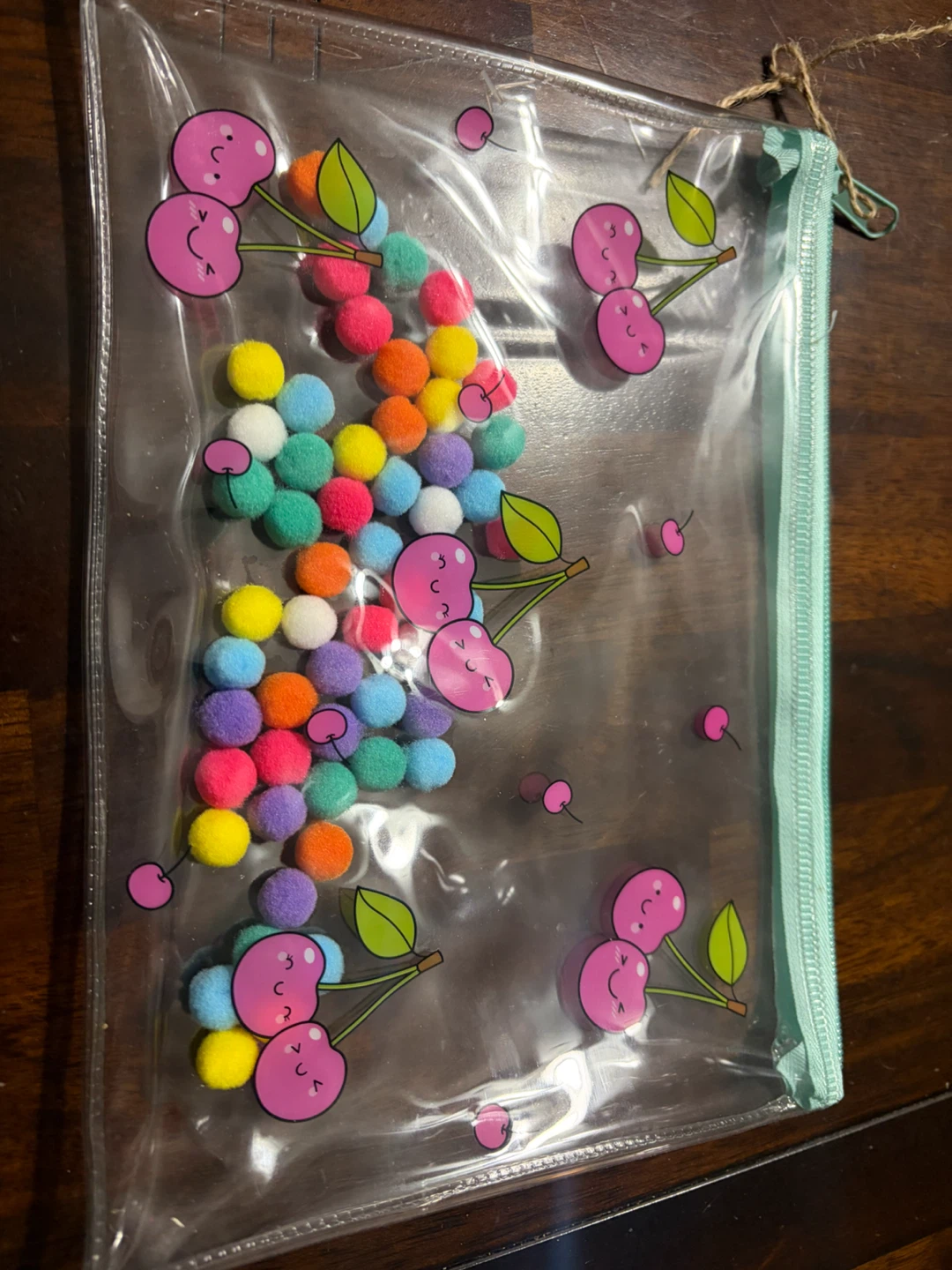 Clear Cherry Pencil Case with Pom Poms