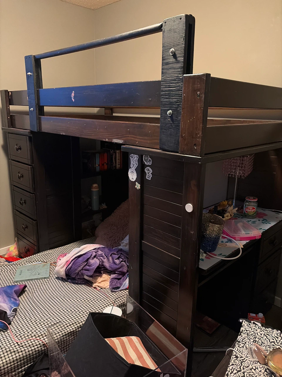 Dark Wood Loft Bed with Built-in Desk and Drawers