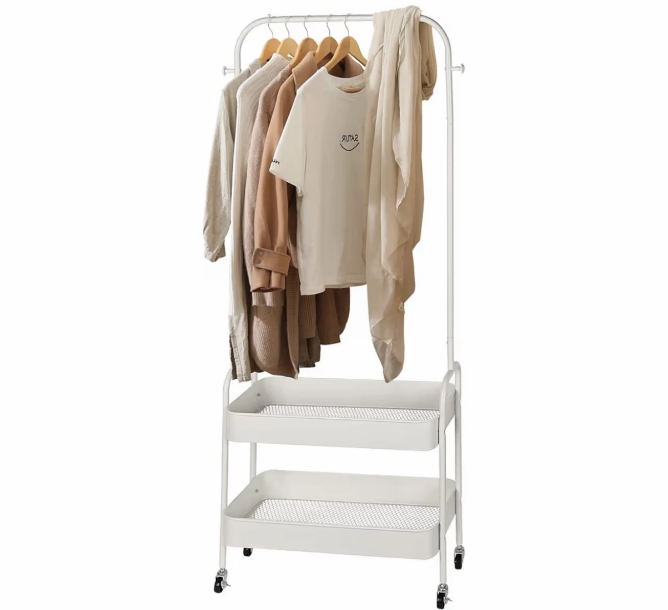 White Metal Rolling Clothing Rack with Shelves