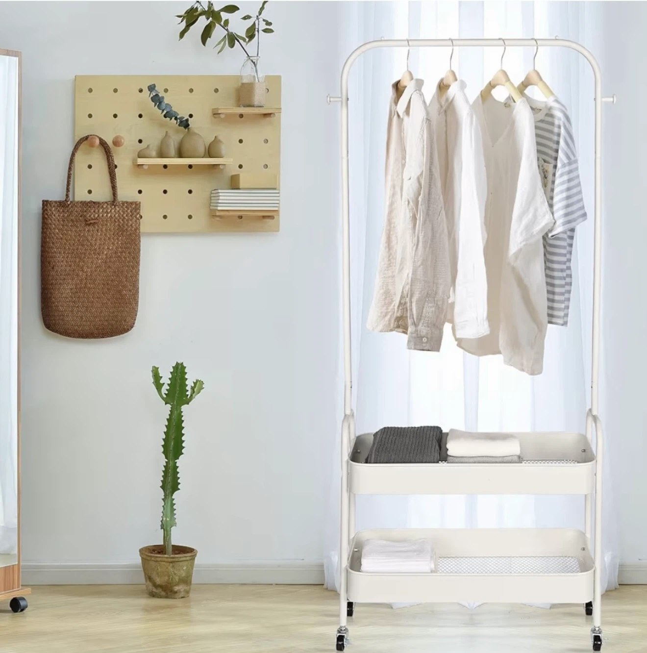 White Metal Rolling Clothing Rack with Shelves - photo 2