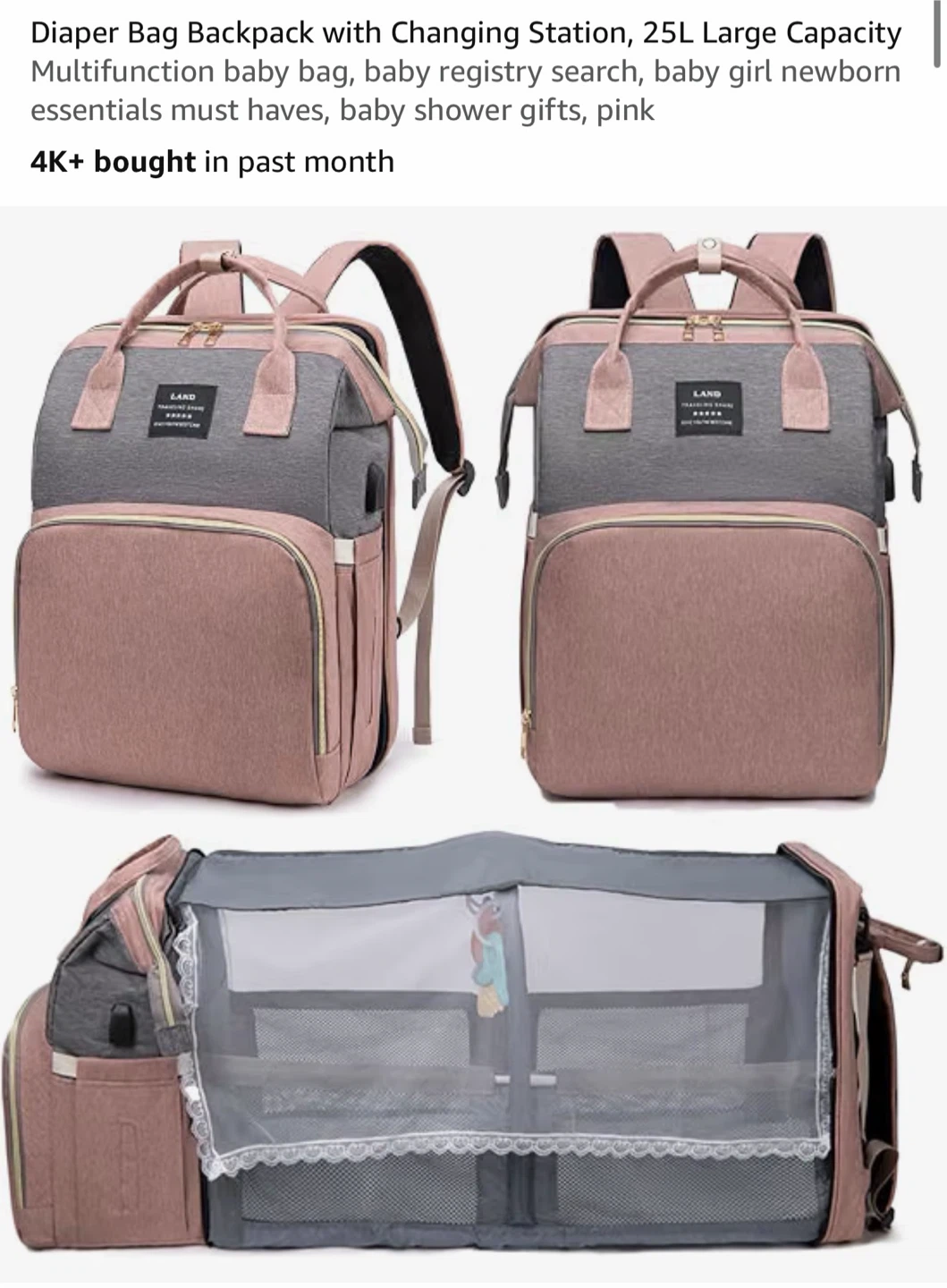 Pink Diaper Bag Backpack with Changing Station