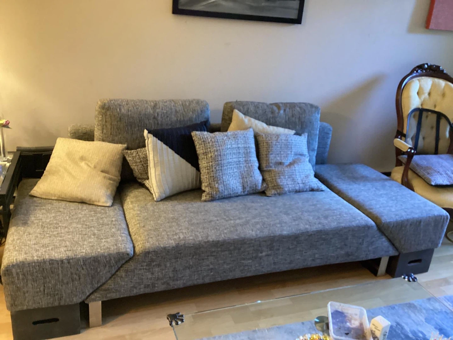 Grey Fabric Sofa with Throw Pillows and bed - photo 2