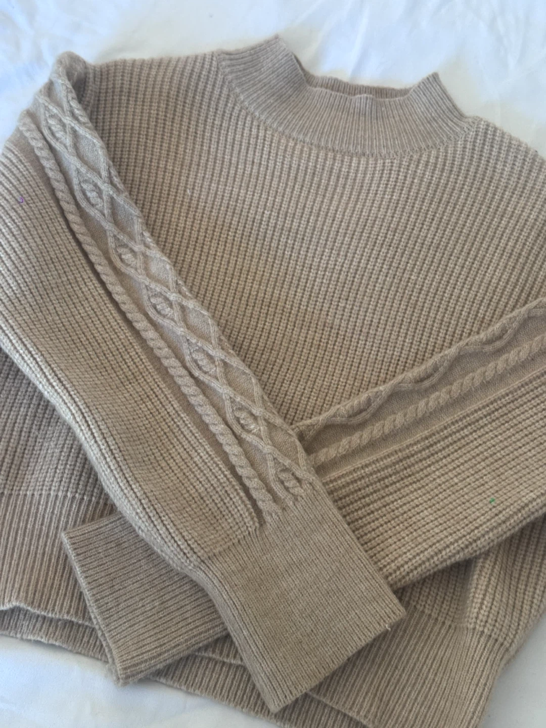 Beige Cable Knit Mock Neck Sweater