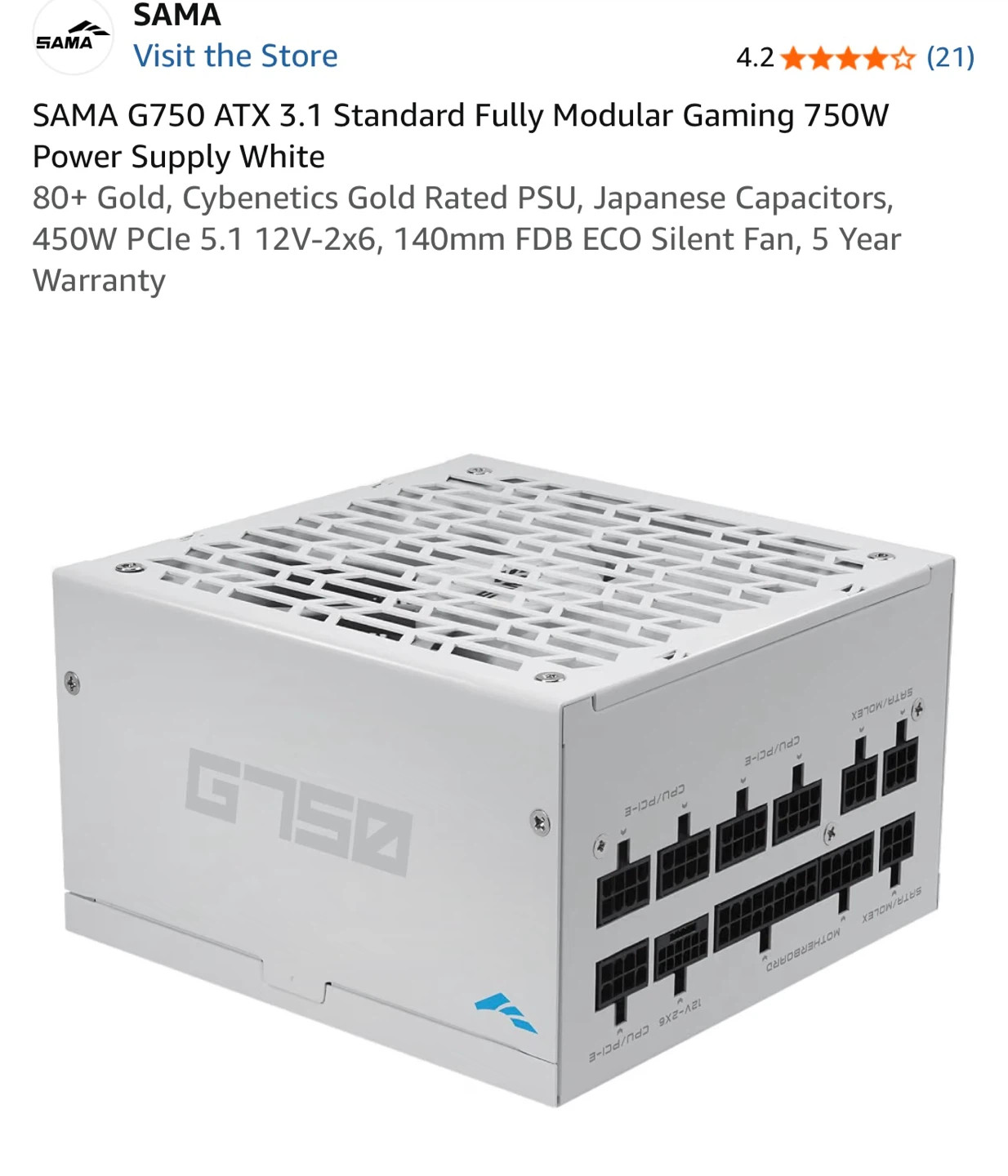 SAMA G750W 80+ Gold Fully Modular Power Supply White