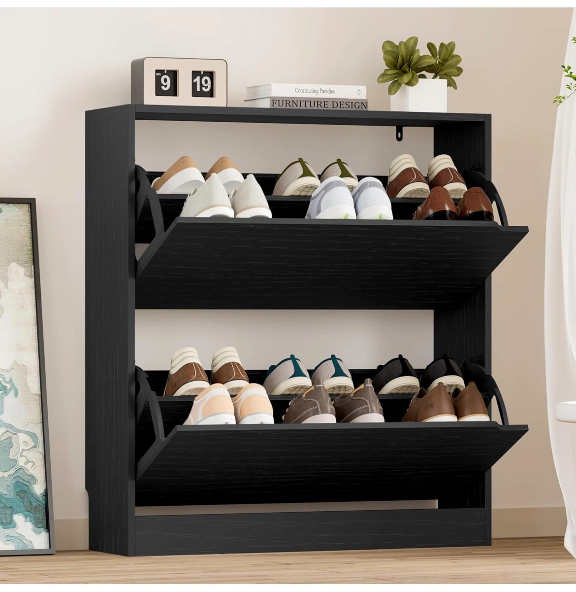 2-Tier Black Shoe Cabinet